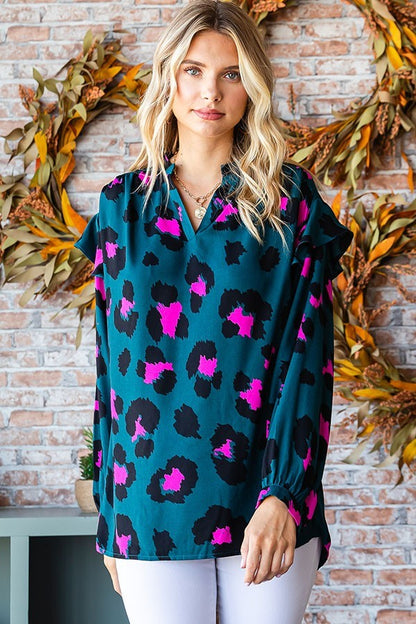 Leopard Print Split Neck Long Sleeve Blouse image 3