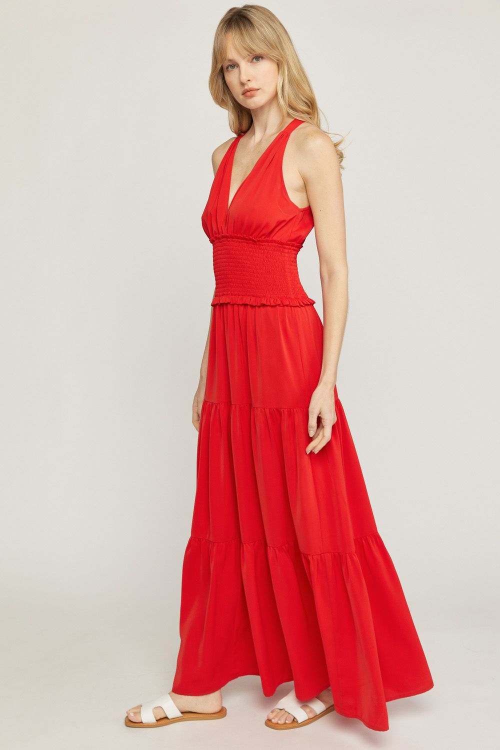Red solid v-neck sleeveless tiered maxi dress image 1
