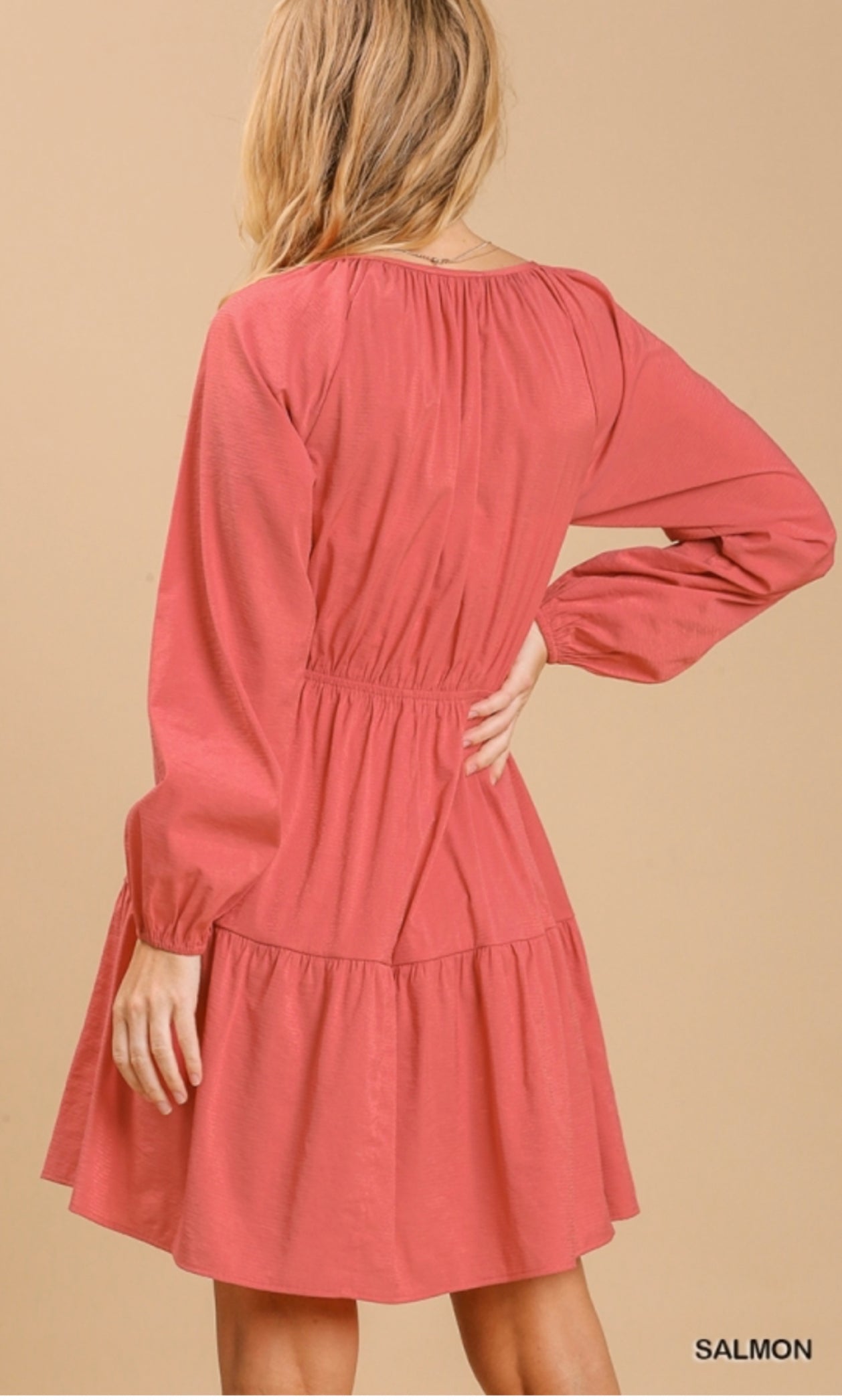 Salmon Eyelet Detail Tiered Dress 3/4 Sleeves with No Lining image 2