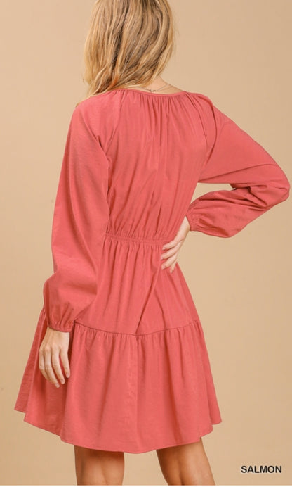 Salmon Eyelet Detail Tiered Dress 3/4 Sleeves with No Lining image 2