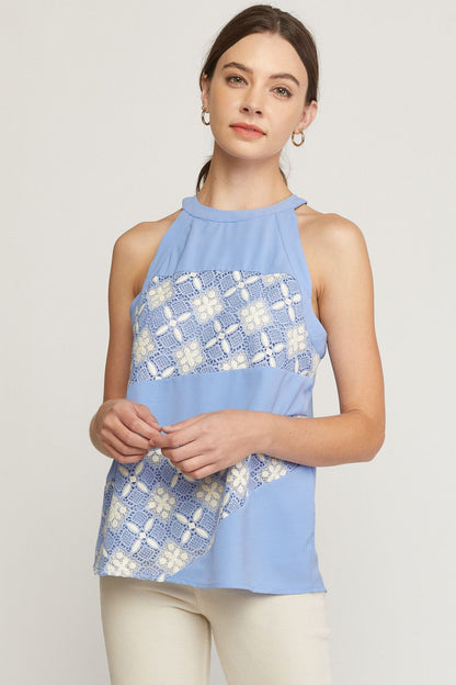 Periwinkle solid halter neck sleeveless top featuring crochet detail at front.  image 0