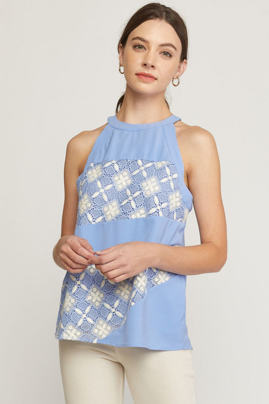 Periwinkle solid halter neck sleeveless top featuring crochet detail at front.  image 0