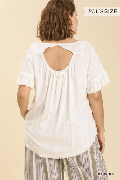 Off White Linen Blend Round Neck Ruffle Sleeves Top image 2