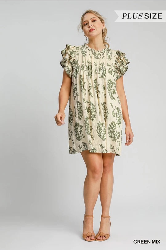 (W) Green Mix Paisley Print Tiered Mini Dress image 2