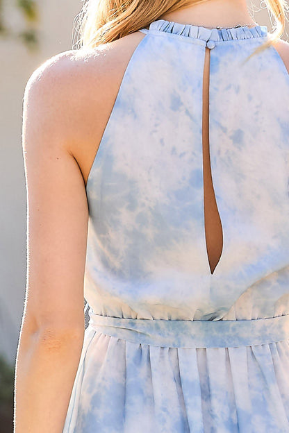 Ruffle Neck Back Button Tie-Dye Midi Dress image 2