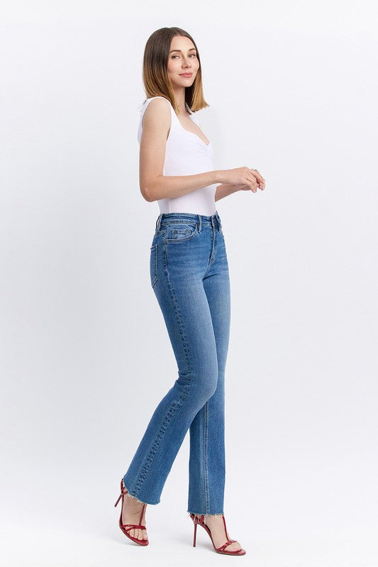 High rise clean cut raw hem bootcut jeans image 4
