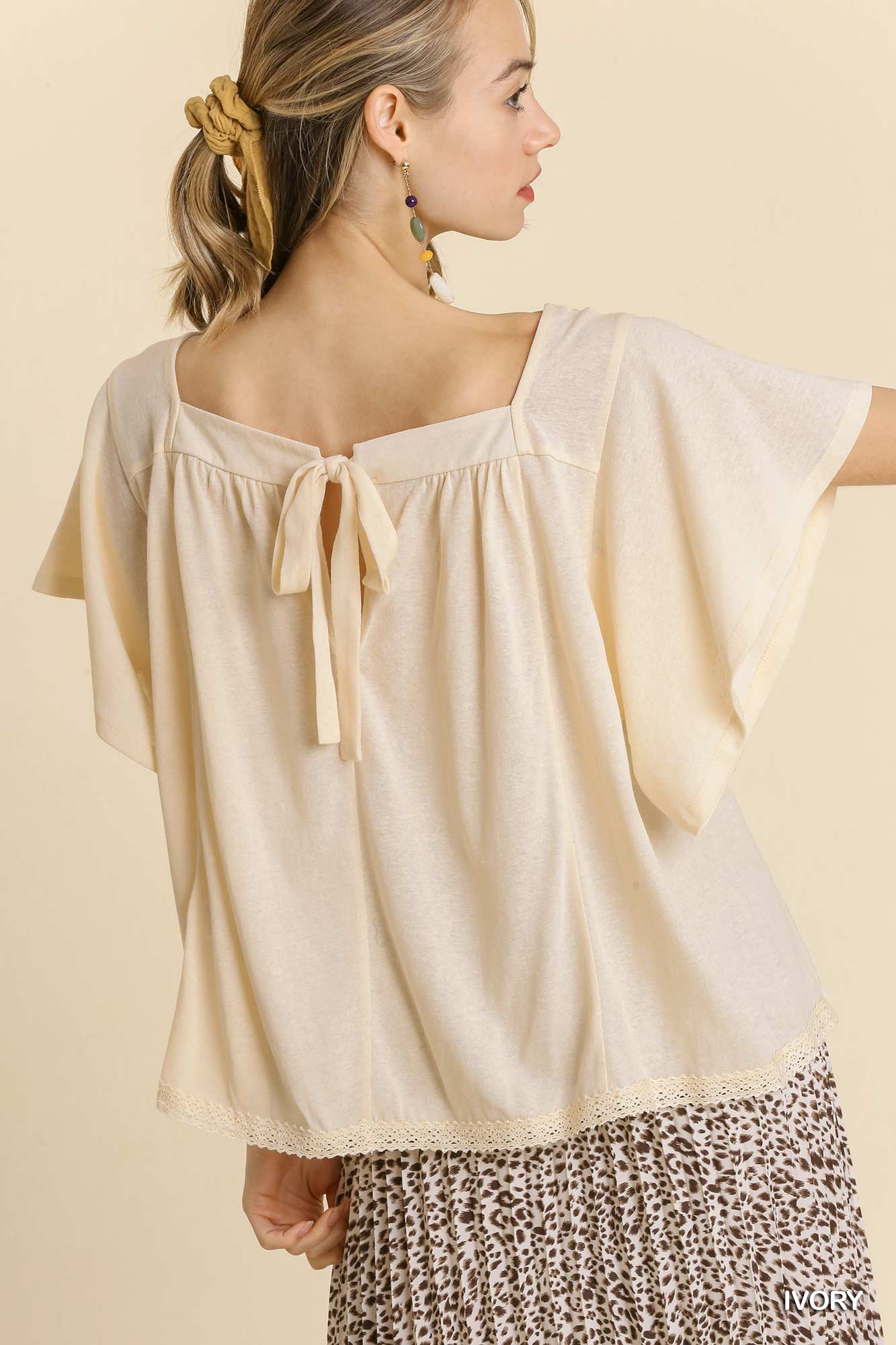 Square Neck Wide Sleeve Top with Knit Hem Detail and Back Tie image 1