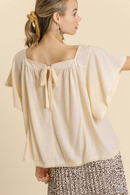 Square Neck Wide Sleeve Top with Knit Hem Detail and Back Tie image 1