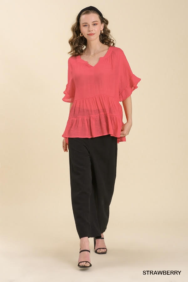 Mandarin Collar Split Neck Bell Ruffle Sleeve Tiered Top image 1