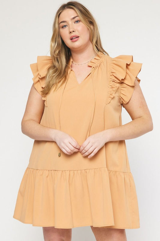 V-neck ruffle sleeve tiered mini dress featuring self tie closure at front image 0