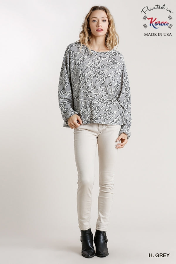 Grey French Terry Animal Print Round Neck Long Sleeve Top with Side Slits image 2