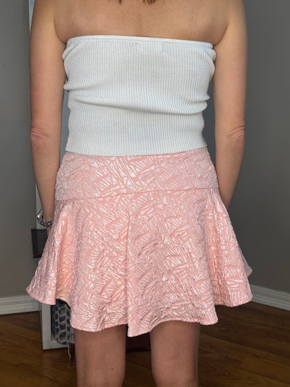 Pink Solid Textured Flare Mini Skirt