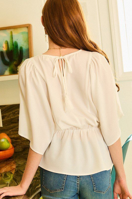 White Round Neck Back Tie With Tassel Babydoll Top image 1