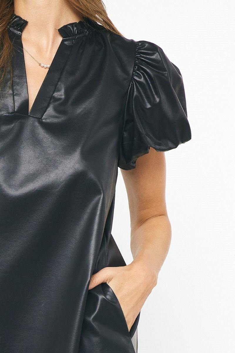 Black Faux leather short sleeve v-neck mini dress image 4