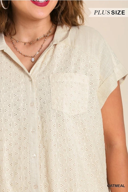 (W) Linen Blend Eyelet Short Sleeve Collared Button Up Dress image 0