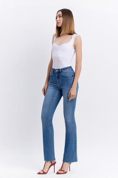 High rise clean cut raw hem bootcut jeans image 7