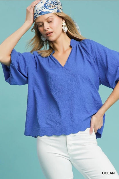 Ocean Blue Bubbled Sleeved Seersucker Top image 0