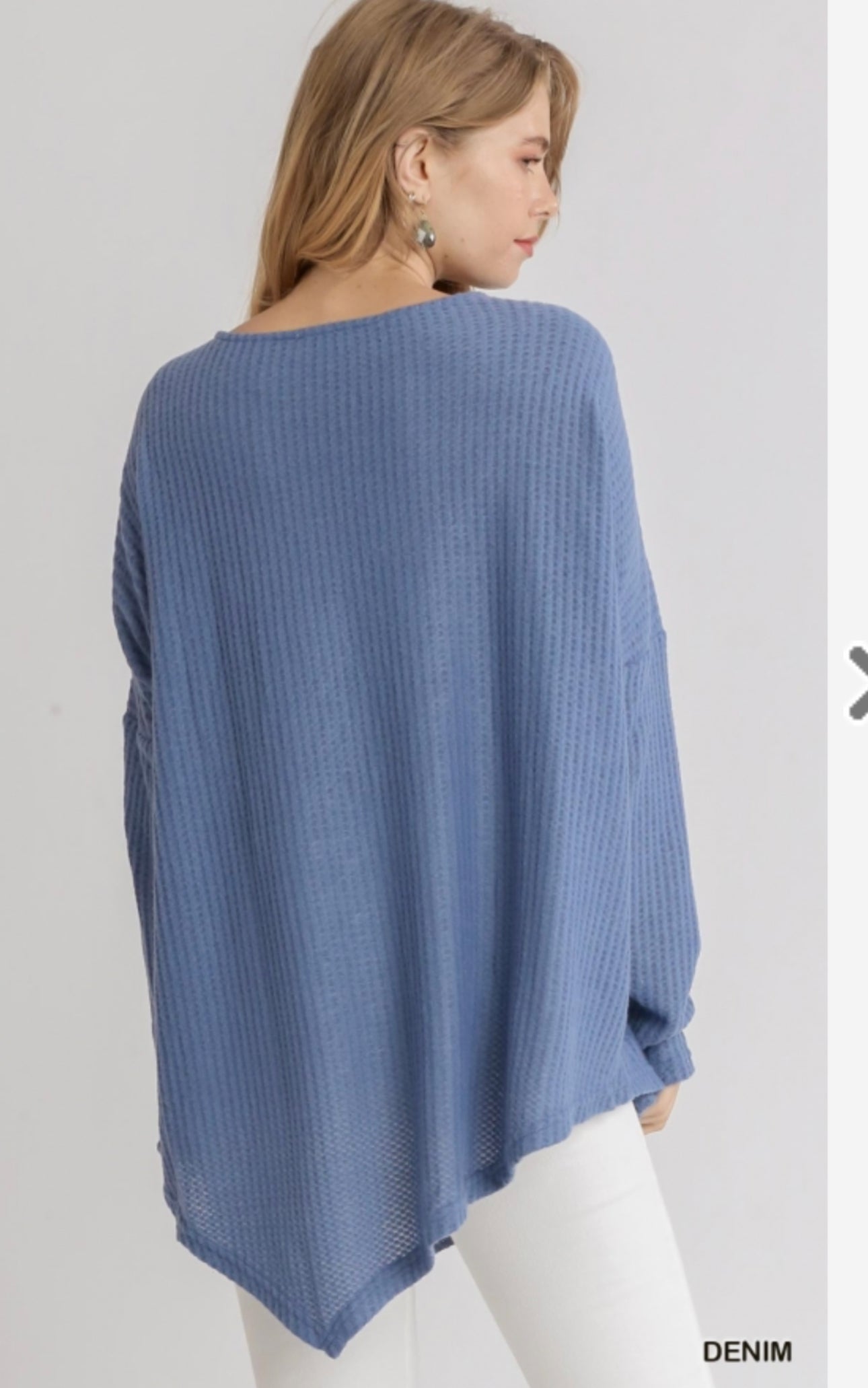 Blue Waffle Knit Long Sleeve Round Neck Top with Asymmetrical Hem image 2