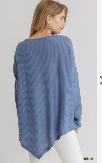 Blue Waffle Knit Long Sleeve Round Neck Top with Asymmetrical Hem image 2