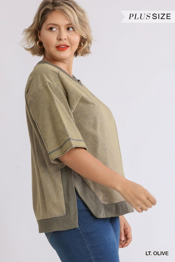 Lt Olive Mineral Wash Crew Neck 3/4 Sleeve Top with Side Splits image 3