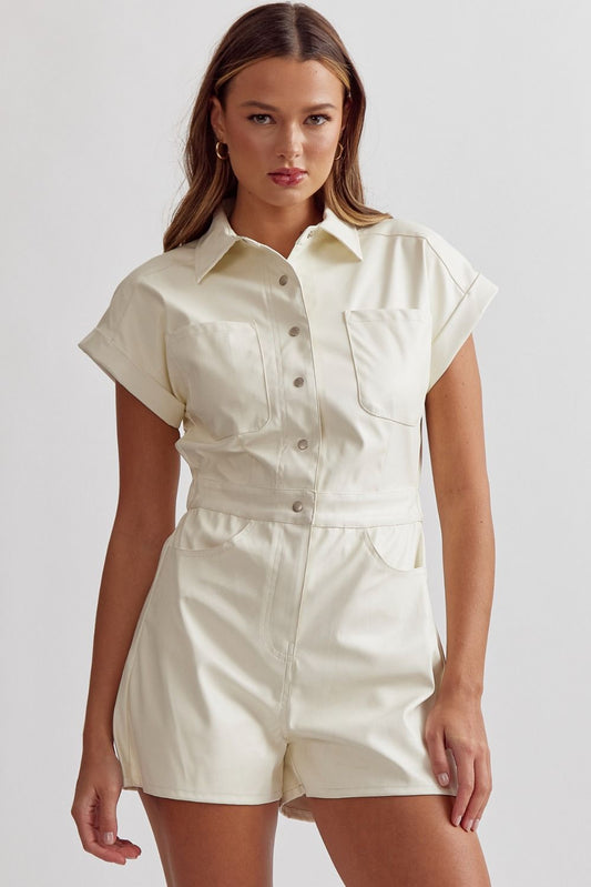 Faux leather collared button up romper  image 0