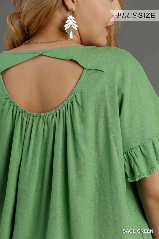 Sage Green Linen Blend Round Neck Ruffle Sleeves Top image 3