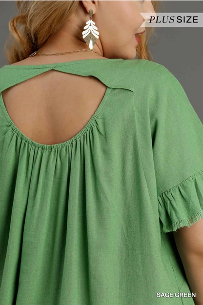 Sage Green Linen Blend Round Neck Ruffle Sleeves Top image 3