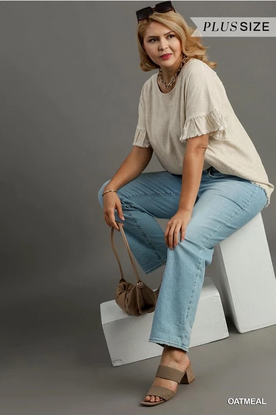 Oatmeal Color Linen Blend Round Neck Ruffle Sleeves Top image 3
