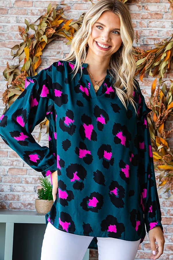 Leopard Print Split Neck Long Sleeve Blouse image 6