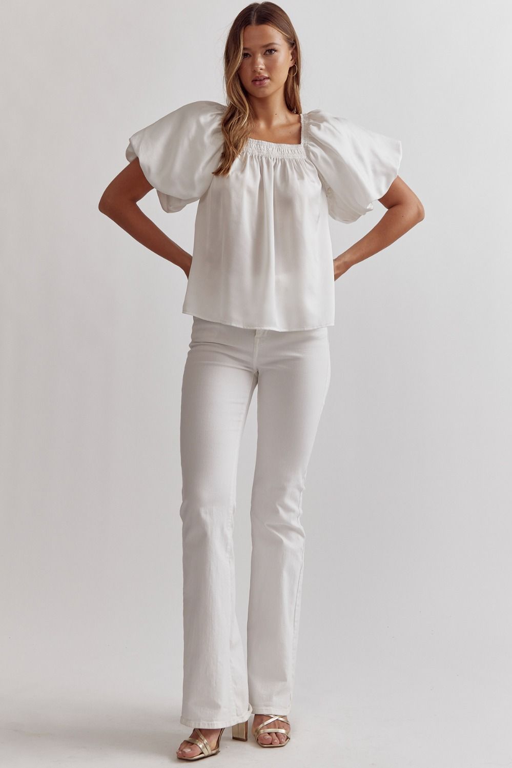 Off white satin square neck bubble sleeve top image 4