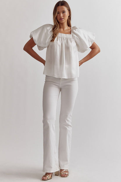 Off white satin square neck bubble sleeve top image 4