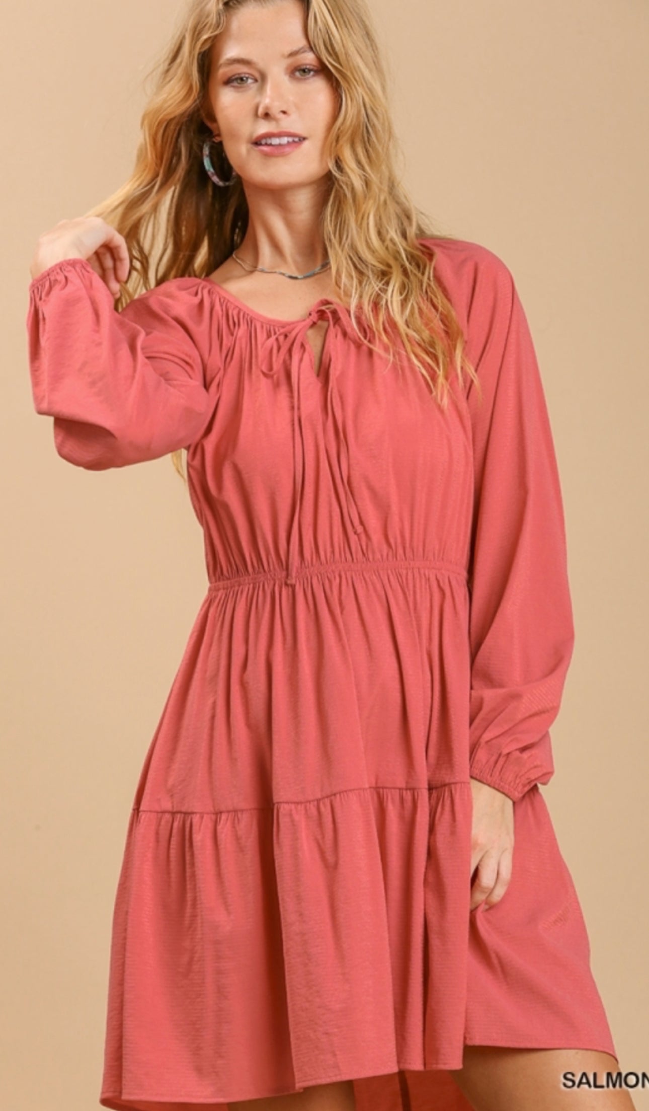Salmon Eyelet Detail Tiered Dress 3/4 Sleeves with No Lining image 0