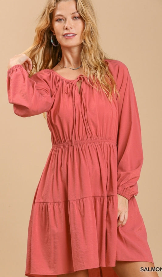 Salmon Eyelet Detail Tiered Dress 3/4 Sleeves with No Lining image 0