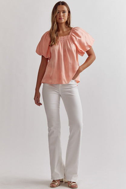 Peach satin square neck bubble sleeve top image 4