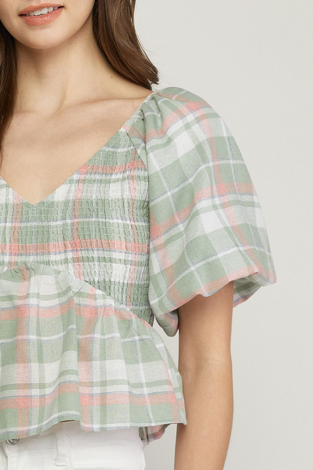 Sage plaid print v neck bubble sleeve peplum top image 5