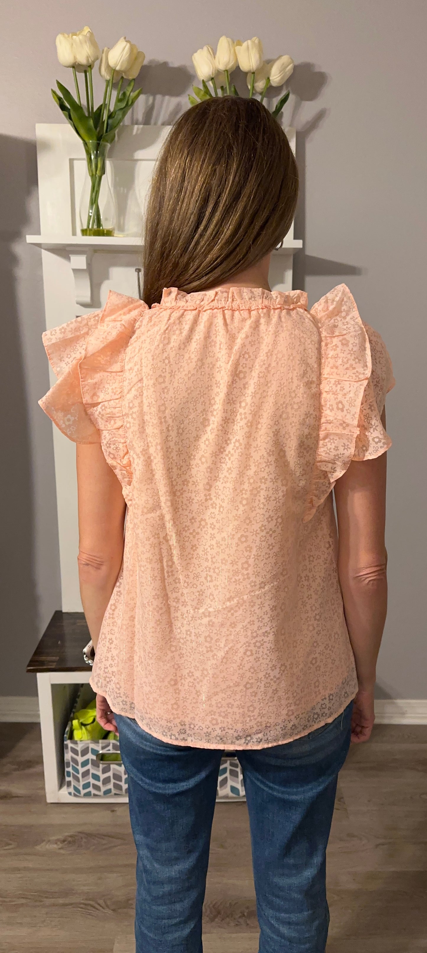 Peach colored floral print ruffle sleeve top   image 2
