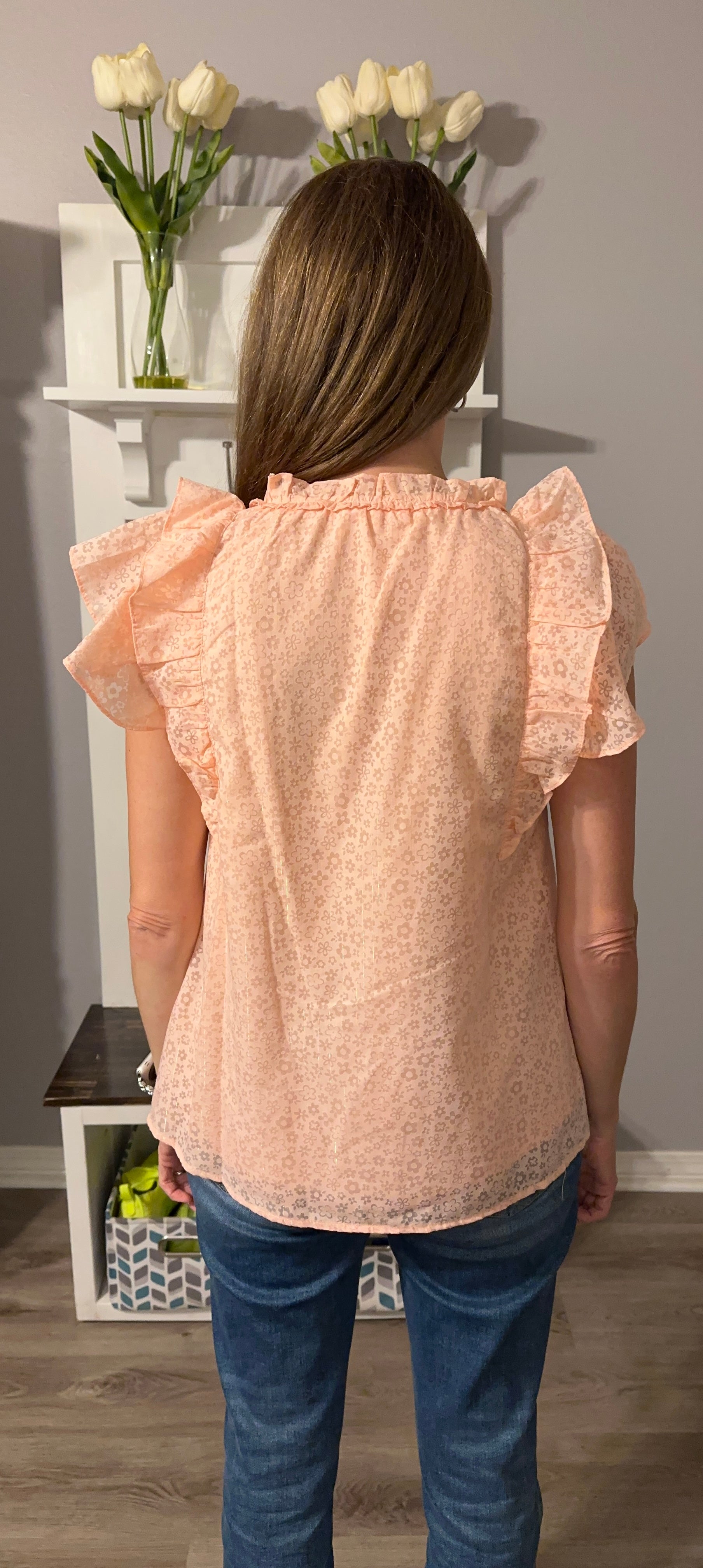 Peach colored floral print ruffle sleeve top   image 2