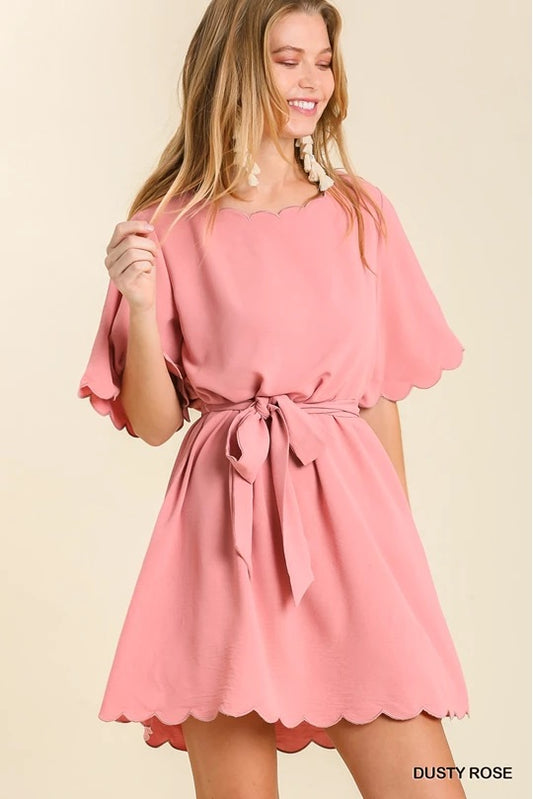 Bell Sleeve Scalloped Round Neck Dress with Waist Tie and Scalloped Hem & No Lin image 0