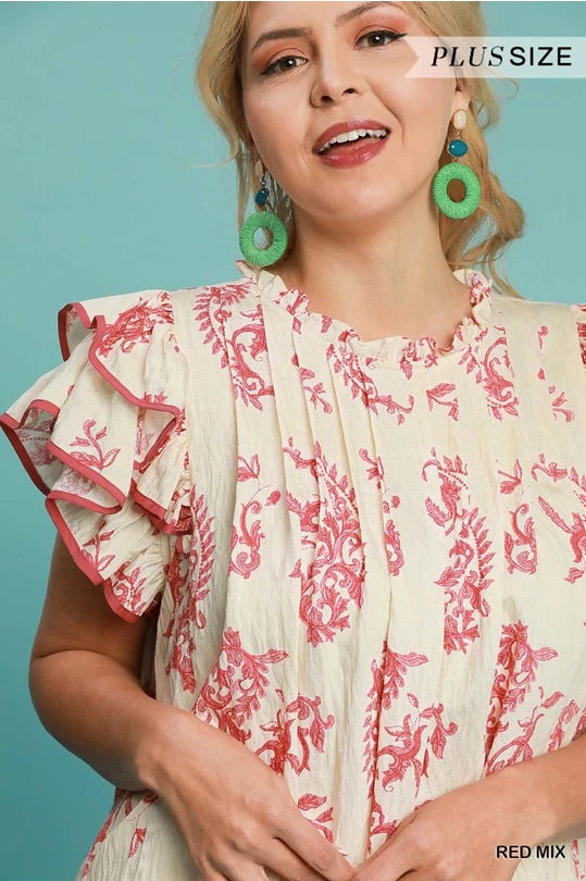 (W) Red Mix Paisley Print Tiered Mini Dress image 3