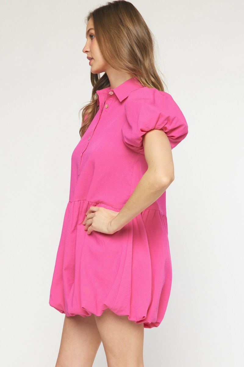 Hot pink solid collared button up dress featuring bubble hem and sleeves. image 2