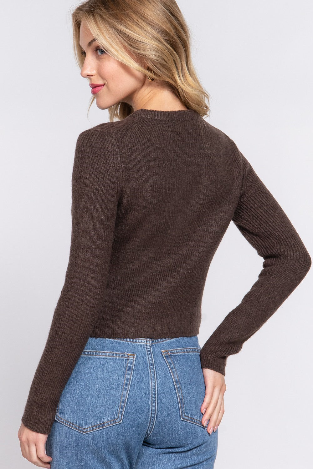 Long Sleeve Crew Neck Sweater Top - Brown image 2