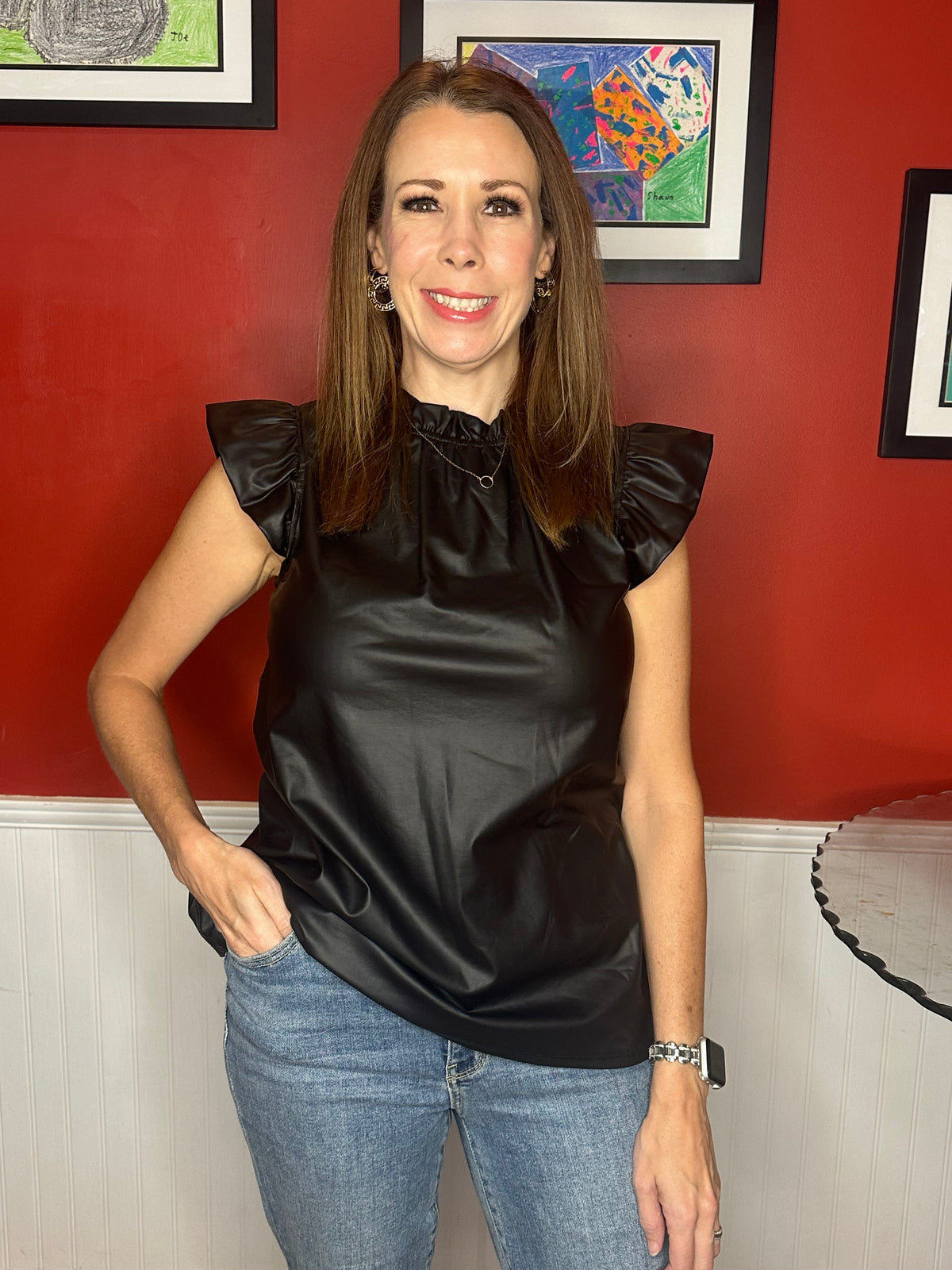 Faux Leather Ruffle Neck Flutter Sleeve Top
