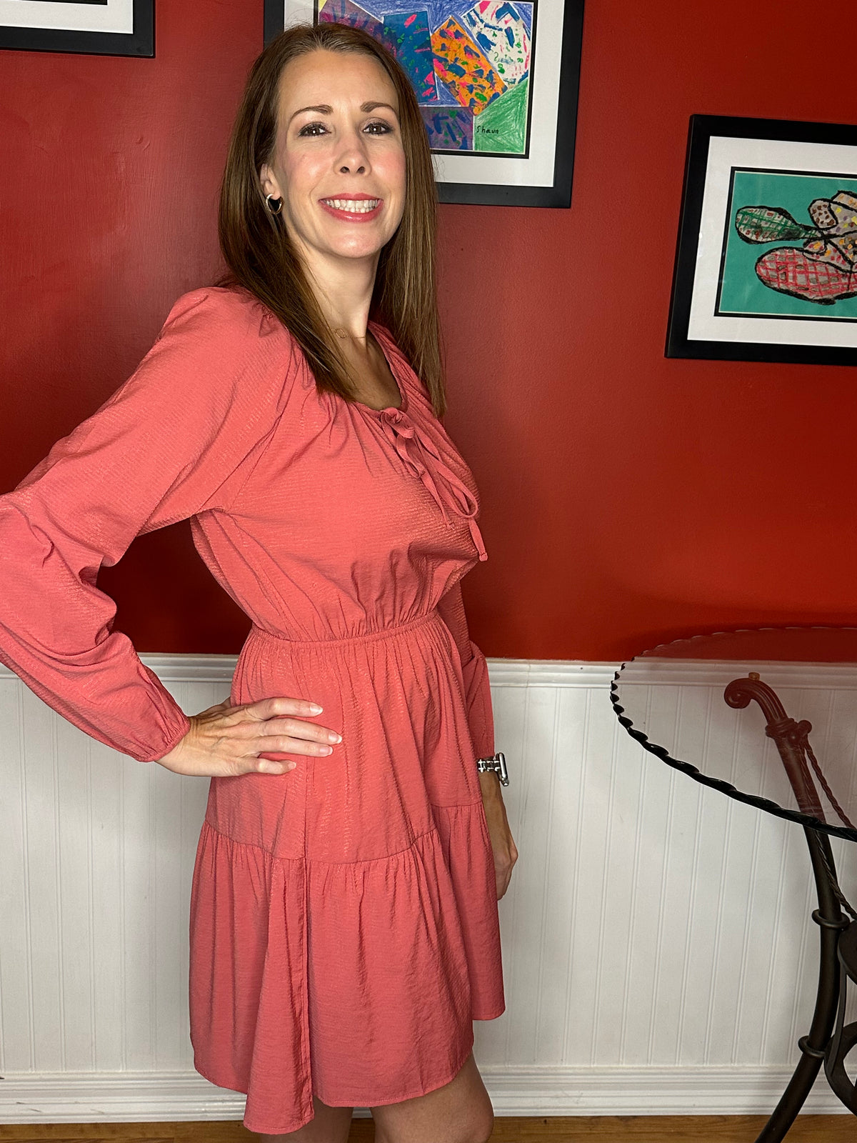 Salmon Tiered Dress 3/4 Sleeves