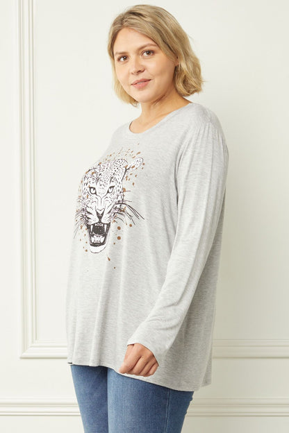 Grey tiger print graphic scoop neck top image 1