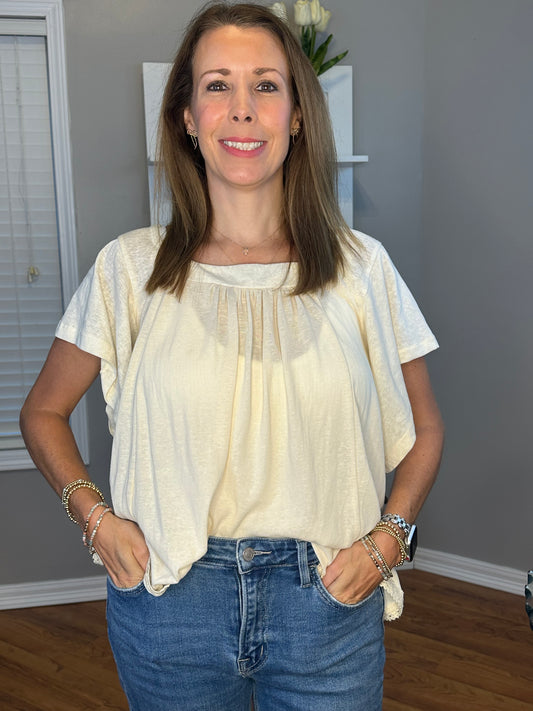 Square Neck Wide Sleeve Top with Knit Hem Detail and Back Tie
