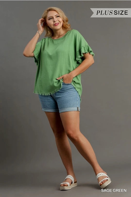 Sage Green Linen Blend Round Neck Ruffle Sleeves Top image 1
