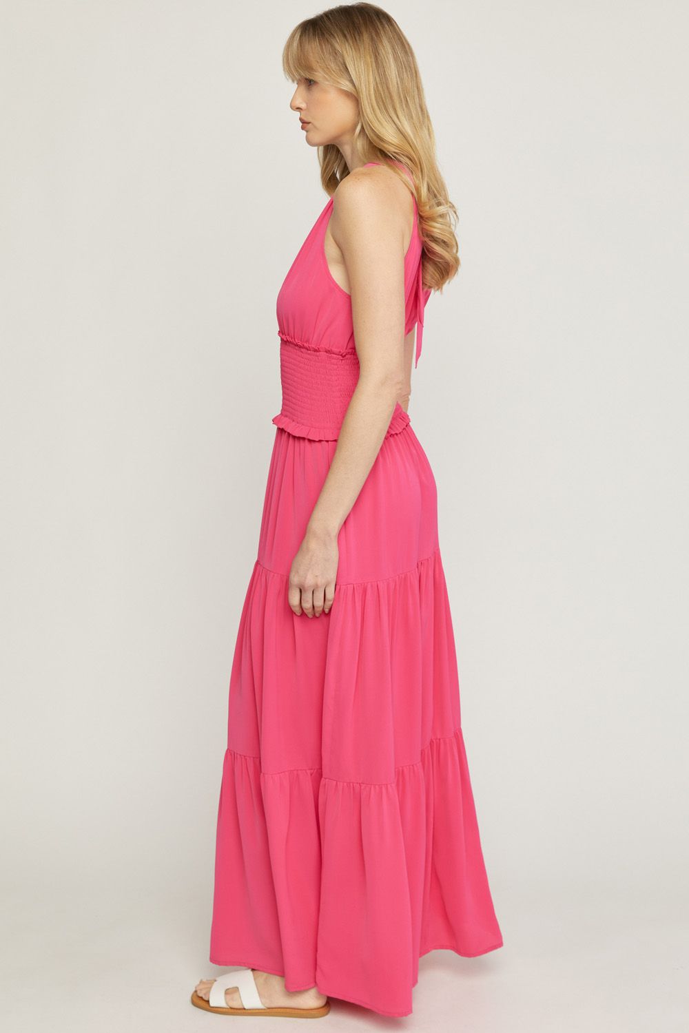 Pink solid v-neck sleeveless tiered maxi dress  image 2