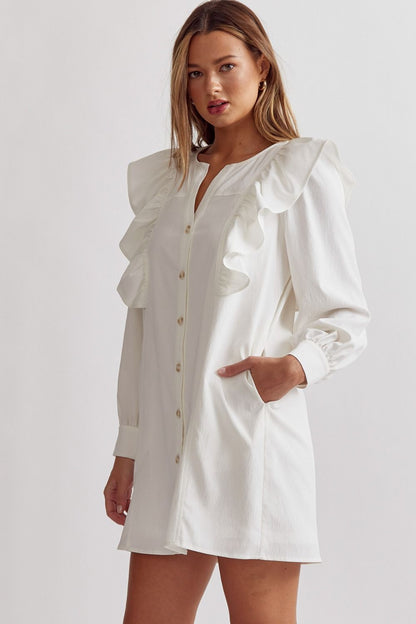 White v-neck button front long sleeve mini dress image 1