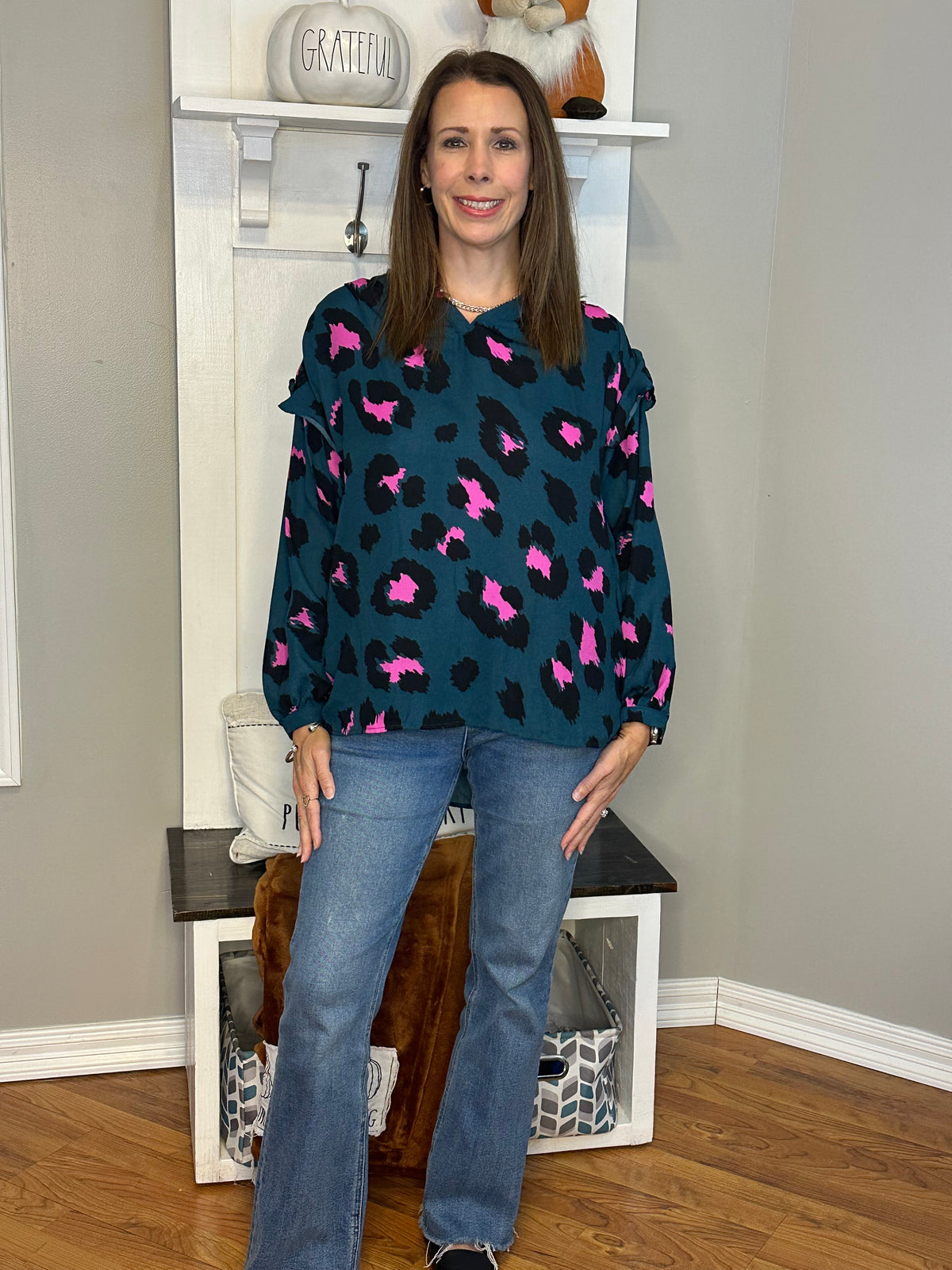 Leopard Print Split Neck Long Sleeve Blouse