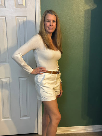 White colored high waisted denim shorts